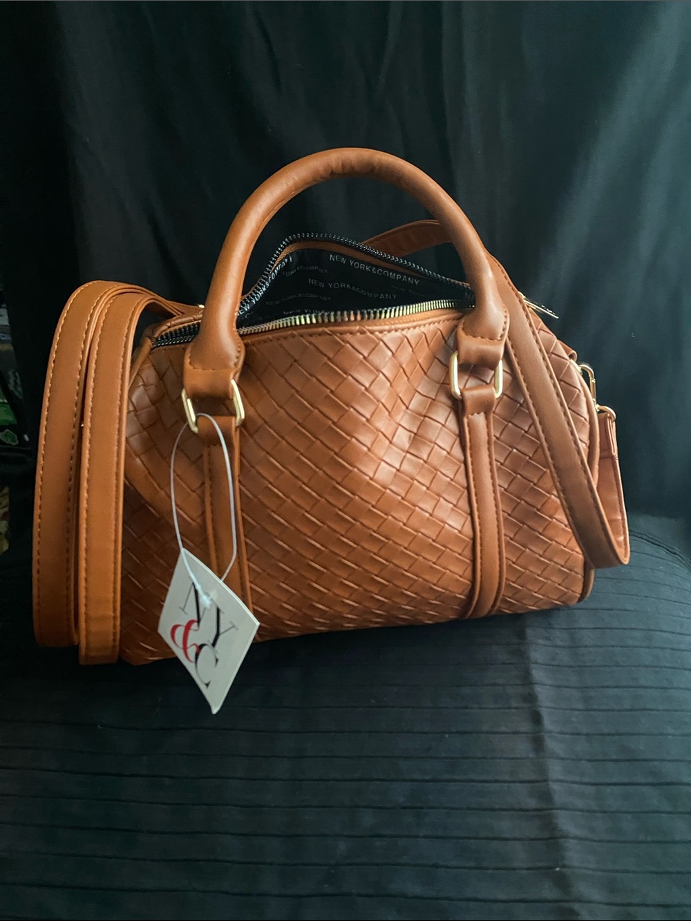 New York & Company Tan Woven Satchel with Detachable Strap